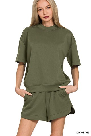 Dark Olive Scuba High Neck Top & Dolphin Shorts Set