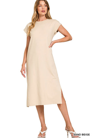 Sand Beige Round Neck Short Sleeve Midi Dress Final Sale