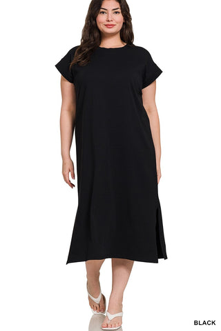 Curvy Black Round Neck Short Sleeve Midi Dress Final Sale