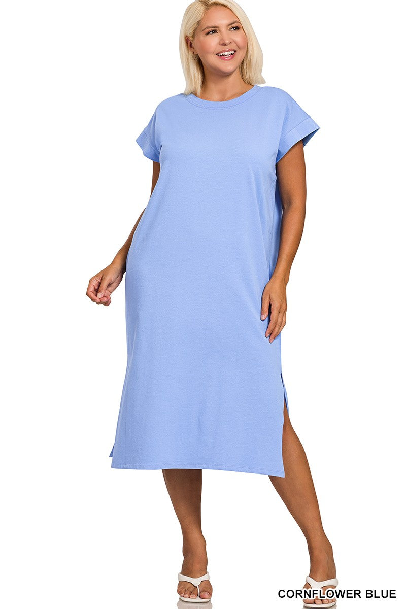 Curvy Cornflower Blue Round Neck Short Sleeve Midi Dress Final Sale – Magnolia Too Boutique
