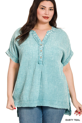 CURVY DUSTY TEAL WASHED DOUBLE GAUZE 3/4 BUTTON HENLEY NECK SHIRT Final Sale