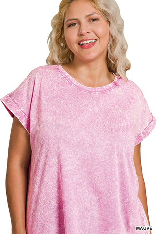 Curvy Mauve Crinkle Washed Round Neck Tee Final Sale
