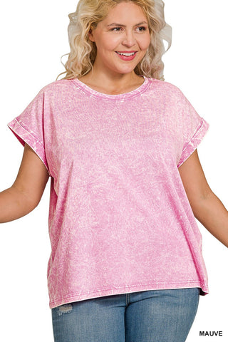 Curvy Mauve Crinkle Washed Round Neck Tee Final Sale