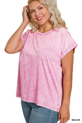 Curvy Mauve Crinkle Washed Round Neck Tee Final Sale