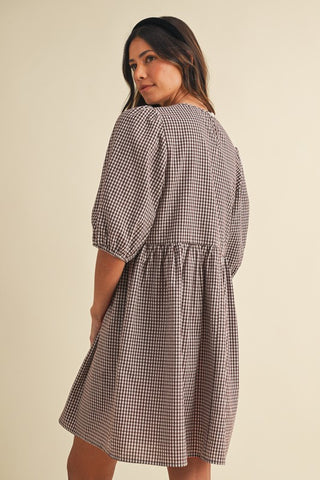 SC Brown Gingham Check Front Bow Detail Mini Dress