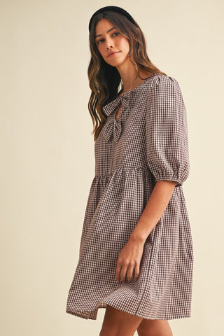 SC Brown Gingham Check Front Bow Detail Mini Dress