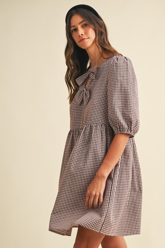 SC Brown Gingham Check Front Bow Detail Mini Dress XL SC Brown Gingham Check Front Bow Detail Mini Dress XL