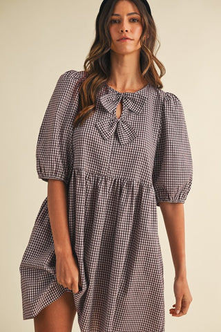SC Brown Gingham Check Front Bow Detail Mini Dress