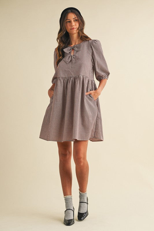 SC Brown Gingham Check Front Bow Detail Mini Dress XL