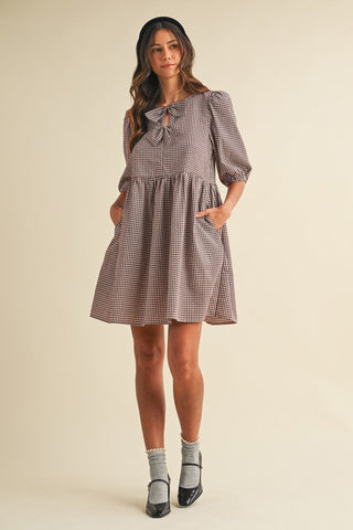 SC Brown Gingham Check Front Bow Detail Mini Dress