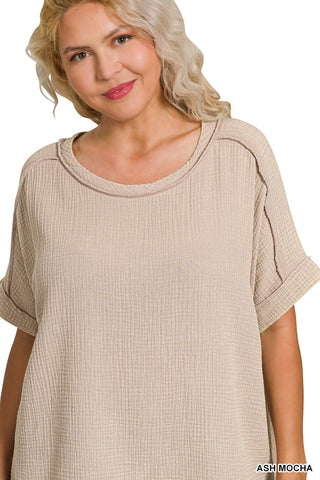 Curvy Ash Mocha Acid Washed Double Gauze Cuffed Short Sleeve Top Final Sale