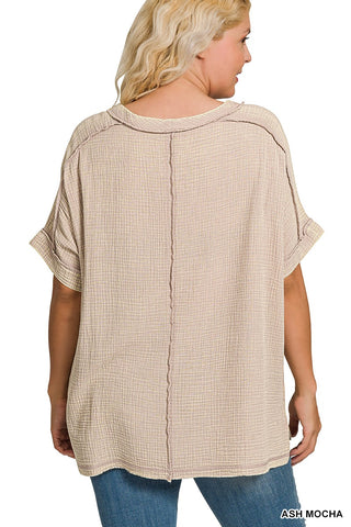 Curvy Ash Mocha Acid Washed Double Gauze Cuffed Short Sleeve Top Final Sale