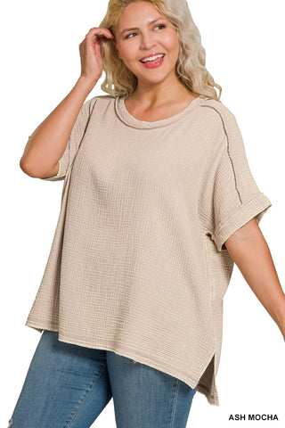 Curvy Ash Mocha Acid Washed Double Gauze Cuffed Short Sleeve Top Final Sale