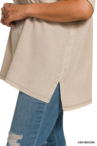 Curvy Ash Mocha Acid Washed Double Gauze Cuffed Short Sleeve Top Final Sale