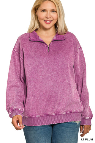 Light Plum Plus Acid Wash Fleece Half Zip Pullover