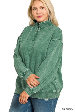 Dark Green Plus Acid Wash Fleece Half Zip Pullover