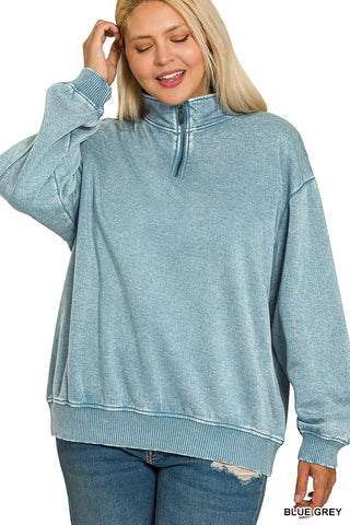 Blue Grey Plus Acid Wash Fleece Half Zip Pullover