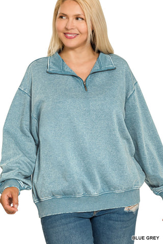 Blue Grey Plus Acid Wash Fleece Half Zip Pullover