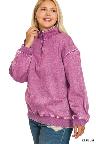 Light Plum Plus Acid Wash Fleece Half Zip Pullover