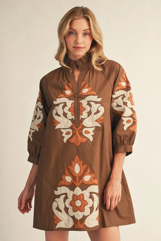 Brown 3/4 Sleeves Baroque Applique Dress