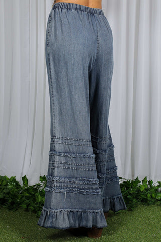 Flared Ruffle Hem Washed Chambray Crop Denim Pants