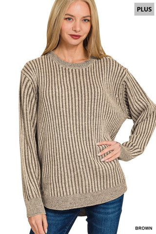 Curvy Brown Curved Hem Two-tone Sweater Final Sale