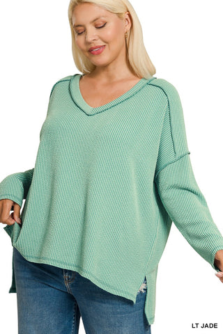 Curvy Light Jade Raised Rib Long Sleeve Hi-low V Neck Top Final Sale