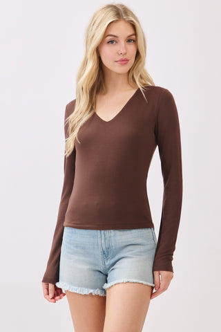 Brown Double Layer V-Neck Basic Top