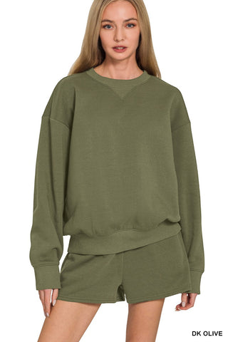 Dark Olive Fleece Long Sleeve Sweatshirts & Shorts Set