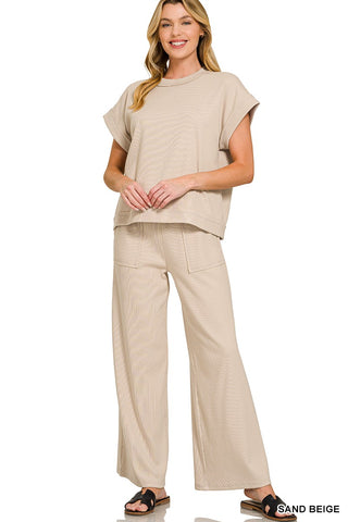 Sand Beige Ribbed Short Sleeve Tee & Pants Set Final Sale