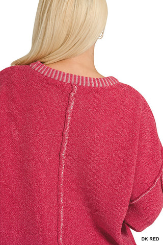 Curvy Dark Red Exposed Seam Round Neck Sweater Final Sale