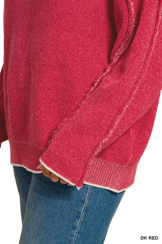 Curvy Dark Red Exposed Seam Round Neck Sweater Final Sale
