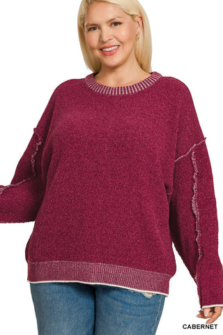 Curvy Cabernet Exposed Seam Round Neck Sweater Final Sale
