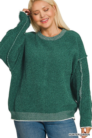 Curvy Hunter Green Exposed Seam Round Neck Sweater Final Sale