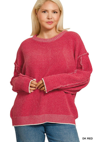 Curvy Dark Red Exposed Seam Round Neck Sweater Final Sale