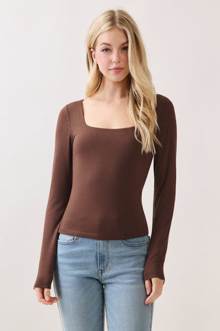 Brown Double Layered Square Neck Basic Top