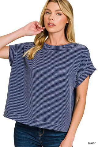 Navy Raised Rib Cap Sleeve Top Final Sale