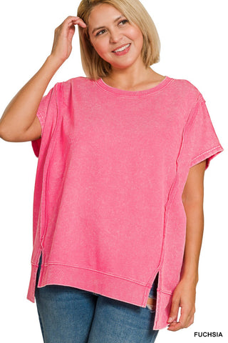 Curvy Fuchsia French Terry Acid Washed Hi-low Top