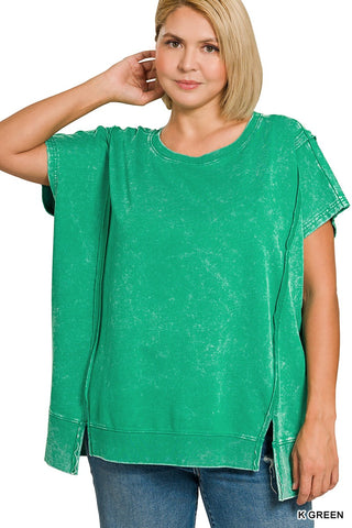 Curvy Kelly Green French Terry Acid Washed Hi-low Top