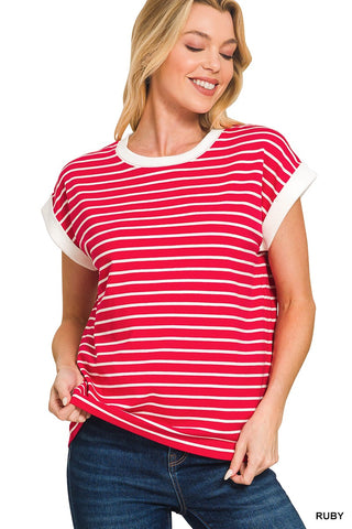 Ruby Contrast Trim Cap Sleeve Stripe Tee