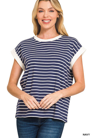Navy Contrast Trim Cap Sleeve Stripe Tee