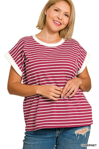 Curvy Cabernet Contrast Trim Cap Sleeve Stripe Tee