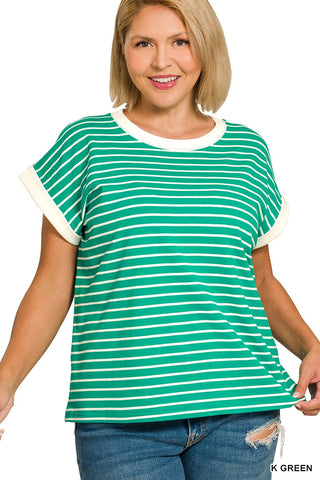 Curvy Kelly Green Contrast Trim Cap Sleeve Stripe Tee