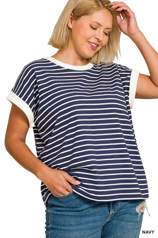 Curvy Navy Contrast Trim Cap Sleeve Stripe Tee Final Sale