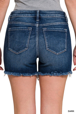 Dark Mid Rise Raw Frayed Hem Denim Shorts FINAL SALE