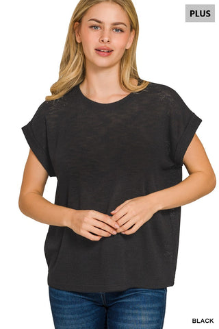 Curvy Black Hacci Slub Rolled Up Sleeve Tee Final Sale