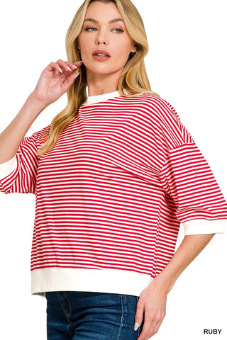 Ruby Striped Contrast Trim Rib Banded Top w/ 1/2 Sleeve Final Sale