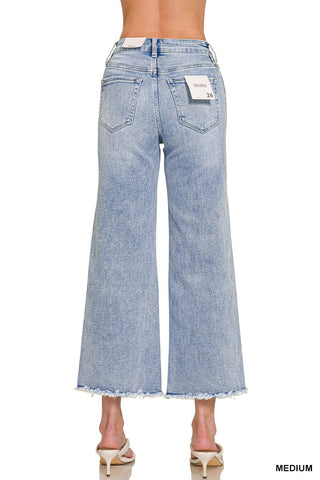 High Waist Wide Leg Fray Hem Denim Pants