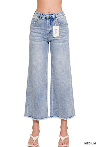 High Waist Wide Leg Fray Hem Denim Pants