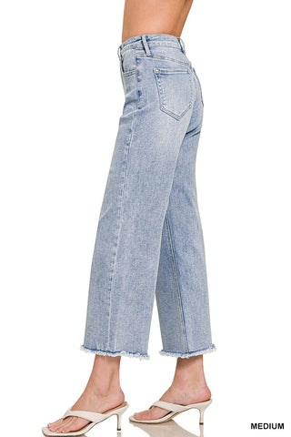 High Waist Wide Leg Fray Hem Denim Pants